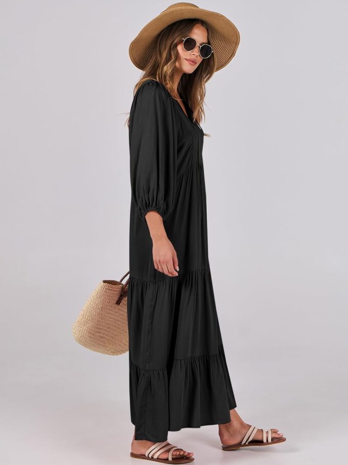 ANRABESS Womens Boho Maxi Dresses 2025 Summer V Neck Puff Sleeve Floral Flowy Swing Casual Long Dress – Bild 3