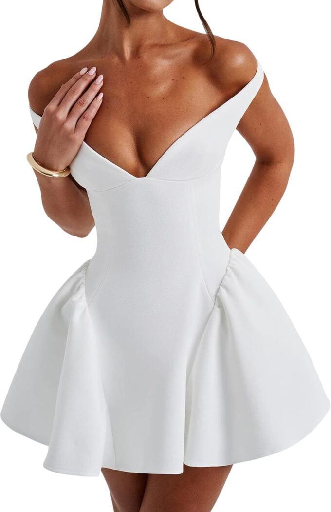 Azhong Women's Summer Sexy V Neck Off Shoulder Wedding Mini Dresses Backless A Line Puffy Hem Prom Party Gown – Bild 3