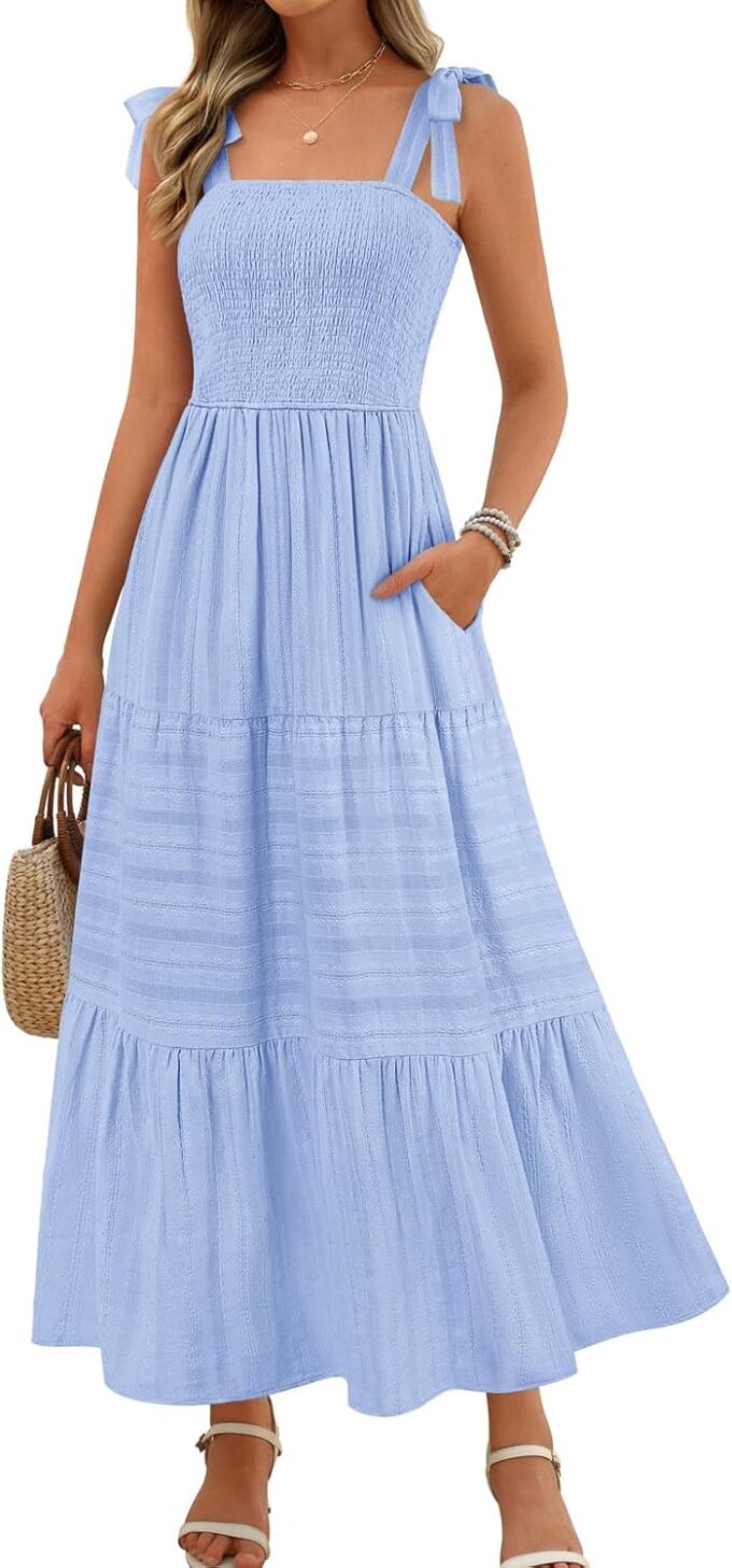 MEROKEETY Women's Summer Boho Maxi Dress Beach Vacation Casual Smocked A Line Sundress with Pockets