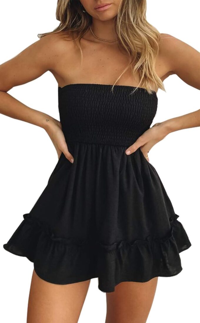 Tube Top Dress for Women Summer Solid Strapless Mini Dresses, Off The Shoudle Ruffle Beach Dress