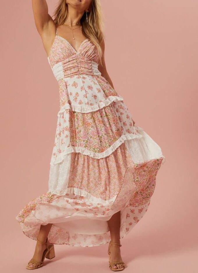 Women Y2k Floral Smocked Maxi Dress Bow Tie Shoulder Tiered Ruffle Midi Sun Dress Boho Casual Beach Long Dresses – Bild 2