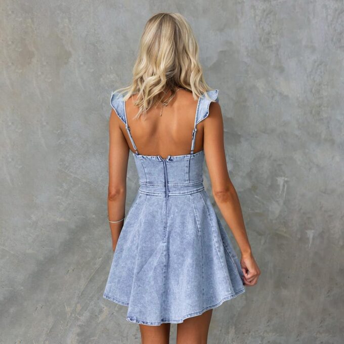 utcoco Denim Dress for Women Ruffle Adjustable Strap Sleeveless Backless Babydoll Mini Jean Dresses – Bild 6