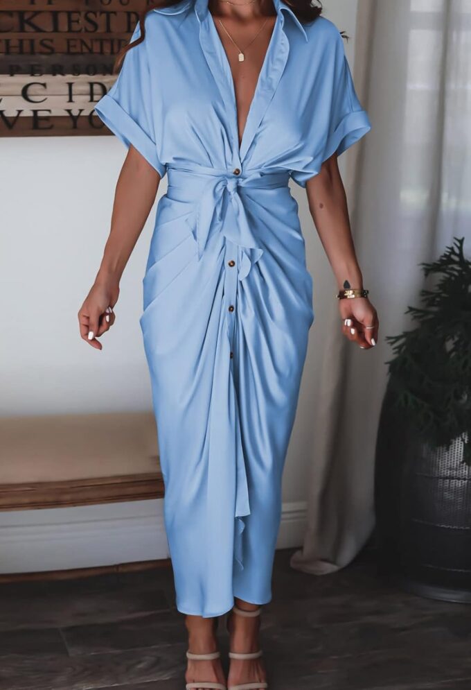 Women Elegant Satin Button Down Short Sleeve Maxi Shirt Dress with Belt – Bild 4