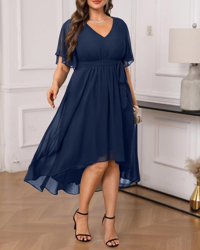 Plus Size Dresses Wedding Guest - Formal Cocktail Chiffon V Neck Short Sleeve High Low Dress Curvy Women – Bild 4