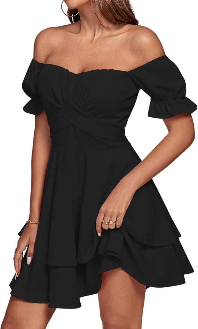 LYANER Women's Tie Back Off Shoulder Wrap Layer Ruffle Short Sleeve Mini Dress – Bild 4