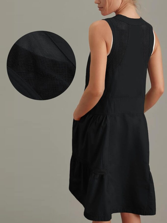 Fisoew Women's Sleeveless Tank Mini Dress Casual Half Zip V Neck Loose Mesh Back Utility Summer Dresses with Pockets – Bild 3