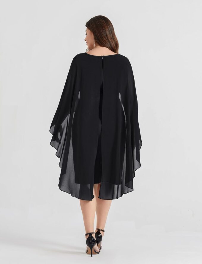 Hanna Nikole Womens Plus Size Chiffon Cape Dress Crew Neck Wedding Guest Dresses Ruched Bodycon Cocktail Pencil Dress – Bild 3