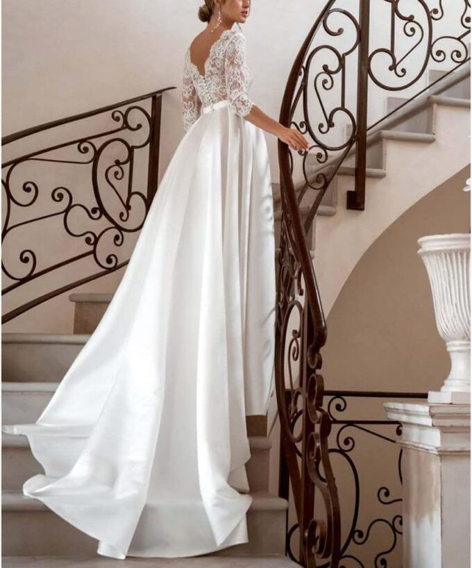 LeXAaN Wunschzettel Spitze Satin Brautkleider mit Halben Ärmeln Applikationen mit Tiefen V-Ausschnitt mit Strass, Langer Schwanz Brautkleid Weiß Französisch Plus Size Abendkleider für Frauen, Weiß