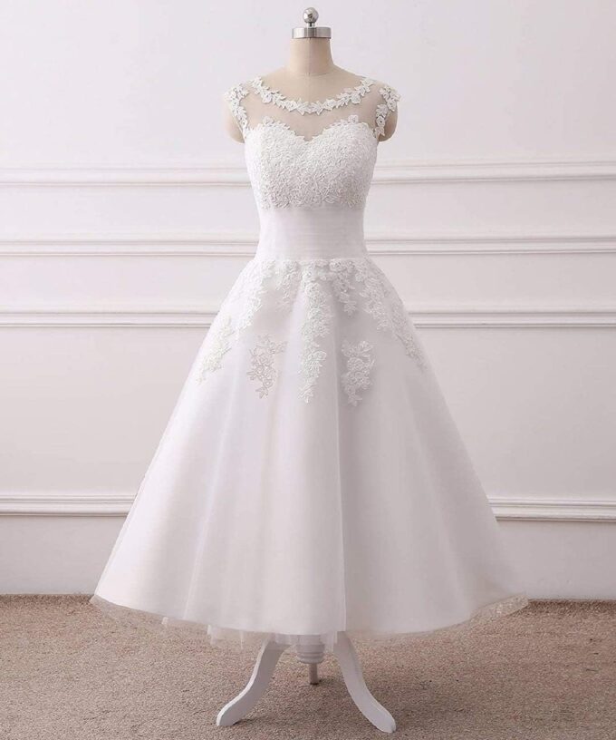 LNNLSS Elegante Kurz Vintage Brautkleid für Braut mit Spitze Ärmellos, Elfenbein, 56 – Bild 3