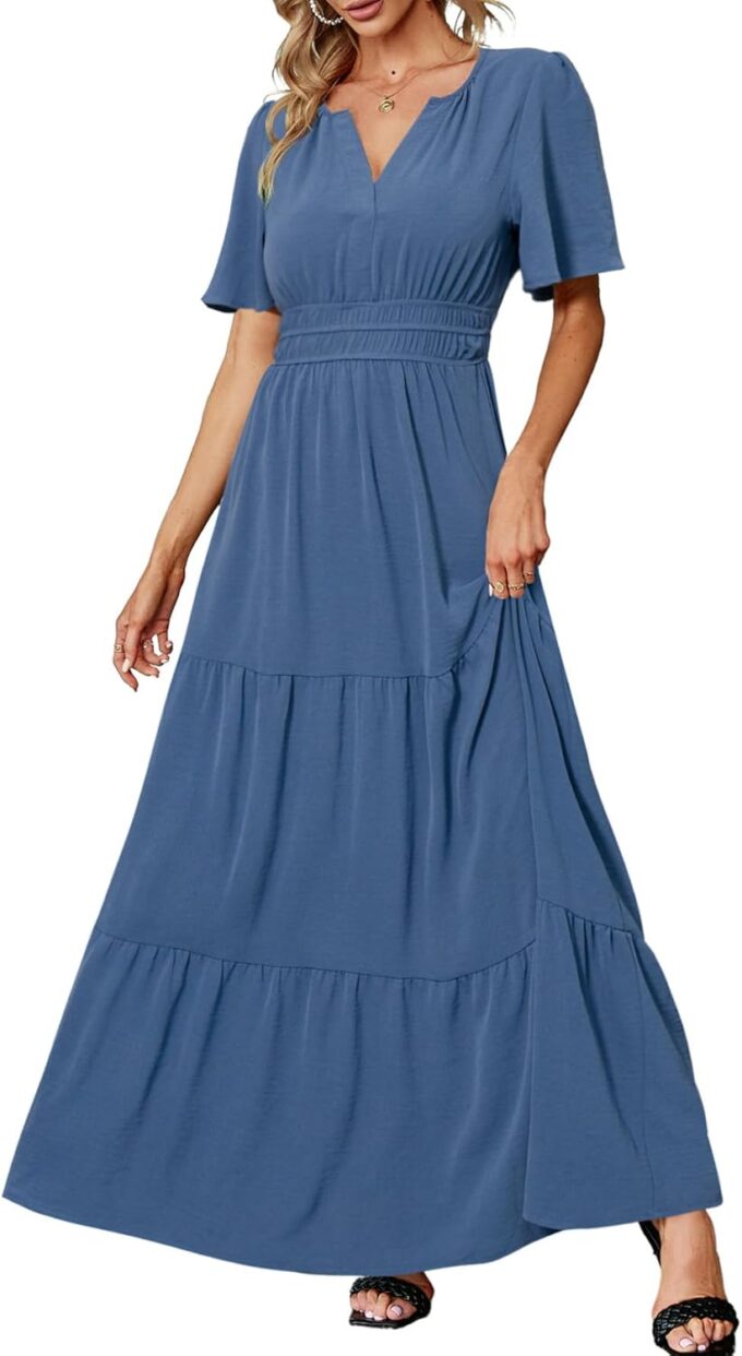 Amegoya Women's Summer Boho Maxi Dresses Casual V Neck Short Sleeve A-line Empire Waist Long Flowy Beach Dress
