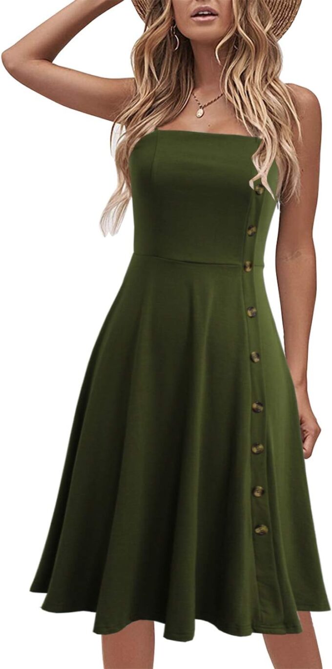 Liyinxi Women's Casual Summer Beach Flattering Flowy A-Line Spaghetti Straps Solid Cotton Button Down Midi Sundress