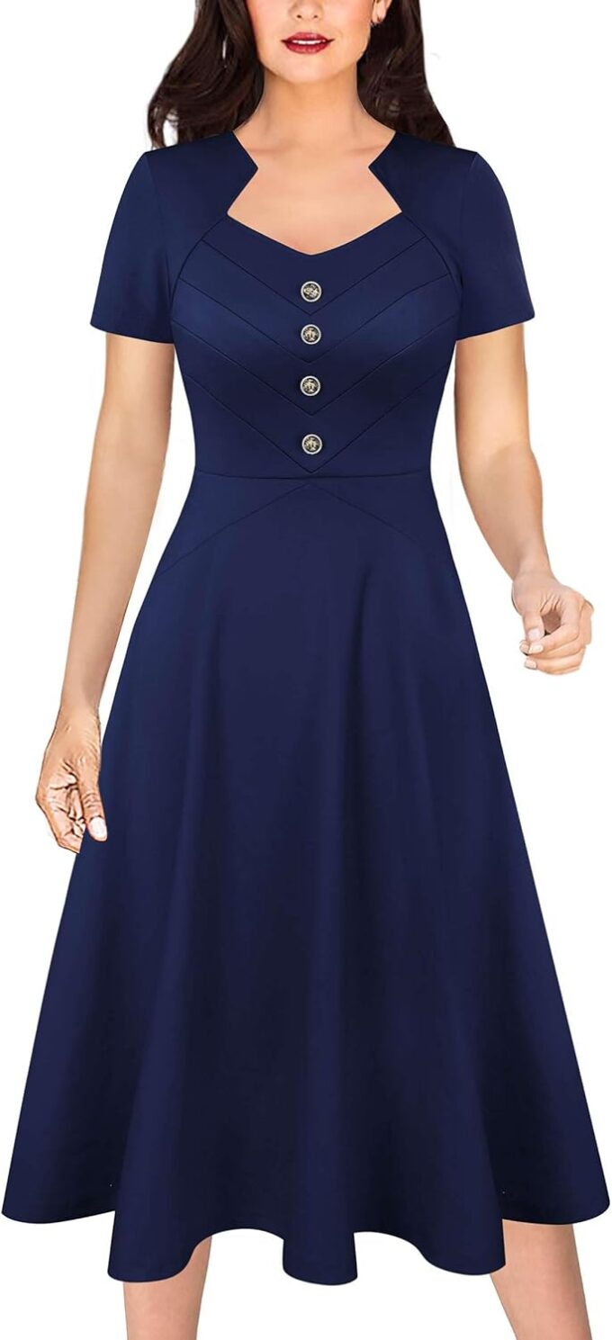 VFSHOW Damenkleid im Vintage-/Retro-Stil, Knöpfe, Business-, Arbeits-, Büro-, A-Linie, Midi-Kleid, quadratischer Ausschnitt, schmal, professionelle Passform und ausgestelltes Kleid