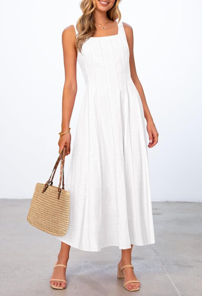 MEROKEETY Women's 2025 Summer Sleeveless Midi Dress Square Neck Smocked Flowy A Line Beach Dresses – Bild 4