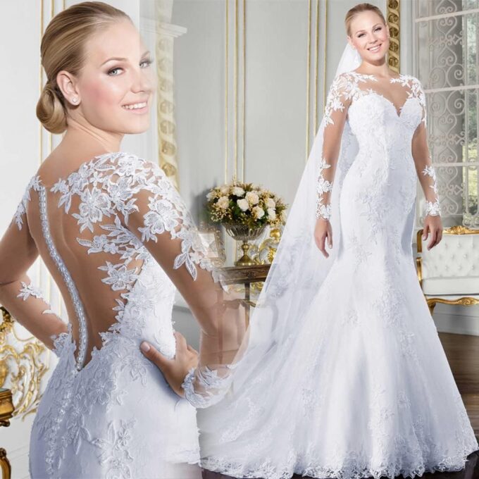 CongMing-huajia Brautkleid Große Frauen Langarm V-Ausschnitt Spitze Applique Kleid Weiß – Bild 6