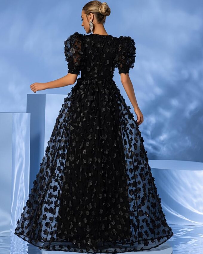 Women's Floral Tulle A Line Puffy Sleeve Prom Dresses Elegant V Neck Formal Evening Party Gowns – Bild 4