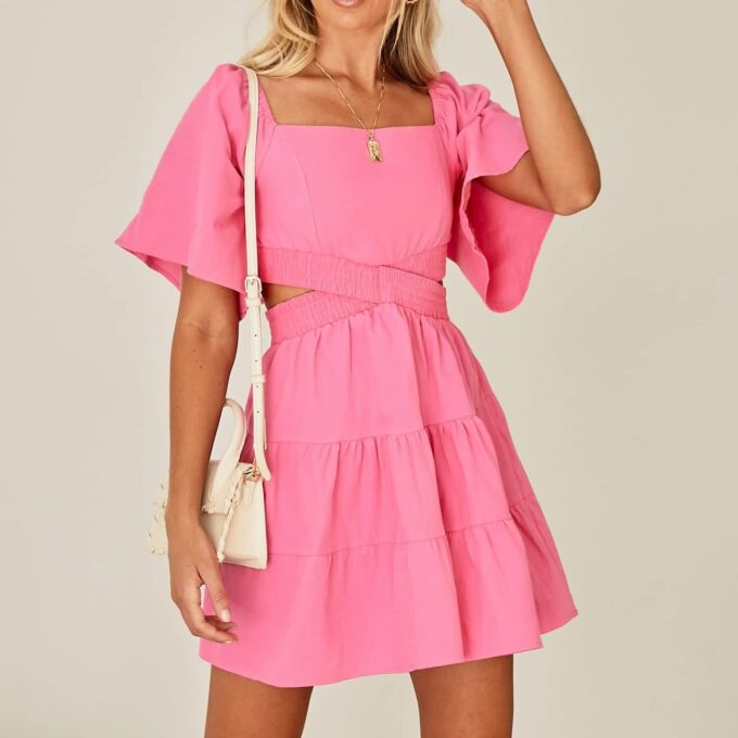 Shy Velvet Women's Summer Dress Square Neck Short Sleeves Crossover Waist Casual Party Mini Dress – Bild 6