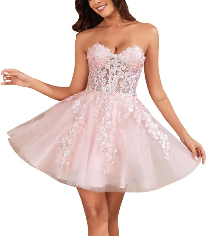 WIOJEIGO Tulle Homecoming Dresses for Women Short 2024 Sweetheart with Lace Appliques Prom Party Dress