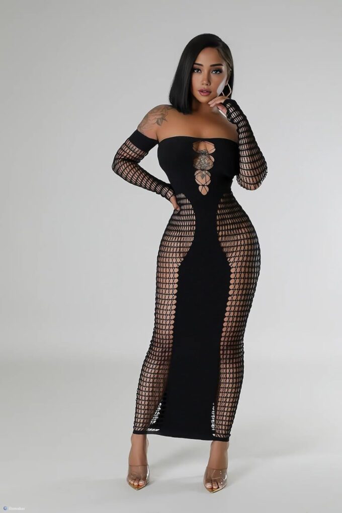 Stunning Hollow Out Long Sleeve Bodycon Maxi Dress for Women, Sexy Elegant Mesh Sheer Party Dress for Club – Bild 4