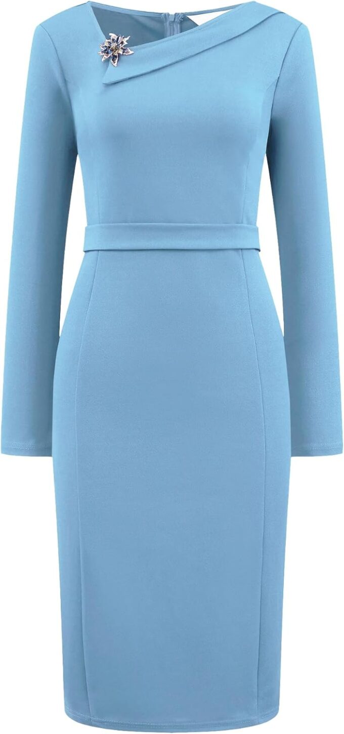 Hobemty Women's Elegant Sheath Dress Asymmetrical Neckline Wear to Work Pencil Dresses