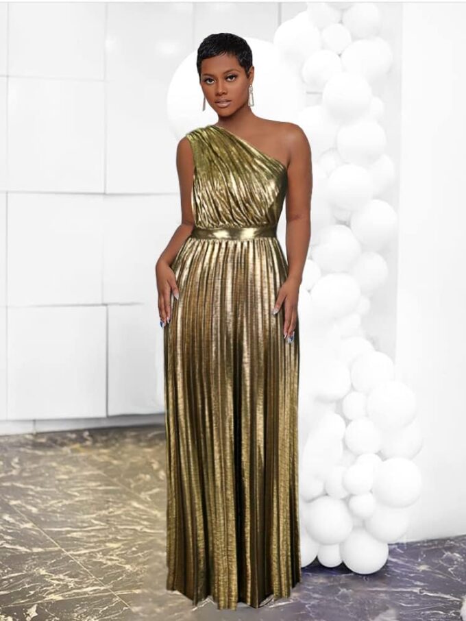 AOMEI Women's Luxury Metallic One Shoulder Sleeveless Elegant Pleated Long Dress – Bild 2