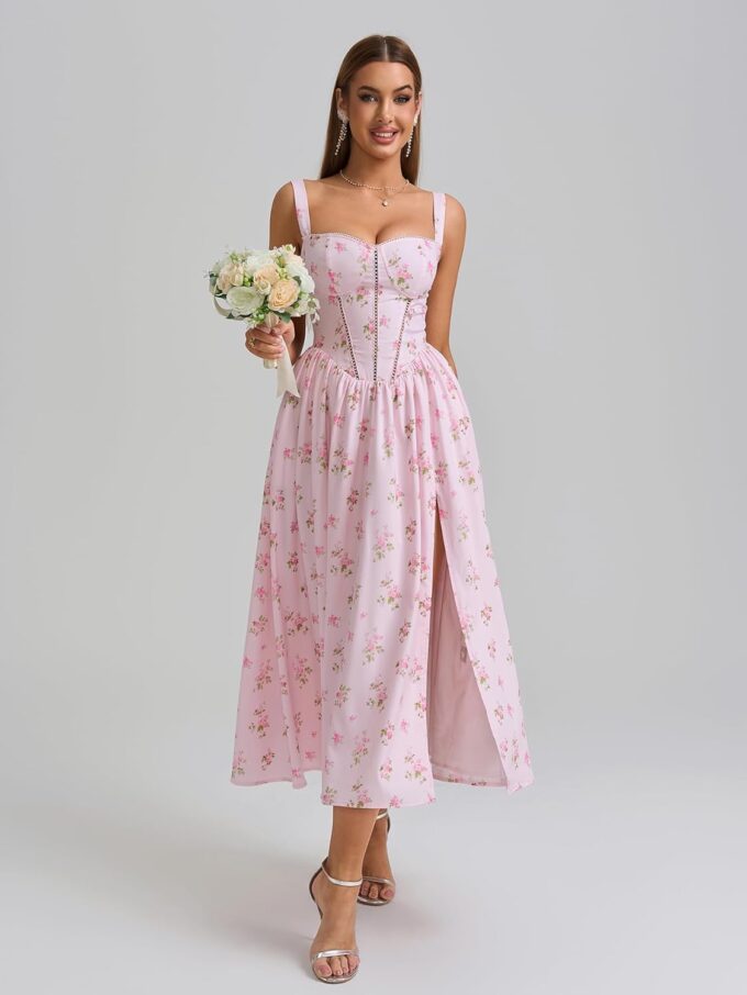 KUTUMAI Floral Corset Midi Dress Flowy Slit Summer Spring Wedding Guest Dresses for Women Sundress with Pockets – Bild 5