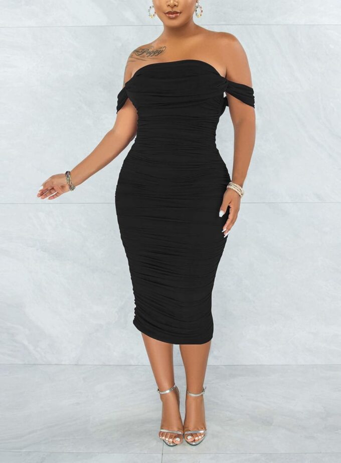 Women's Sexy Off Shoulder Sleeveless Bodycon Ruched Midi Elegant Cocktail Evening Party Night Tube Dresses – Bild 3