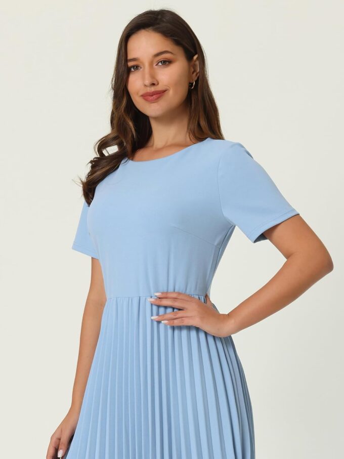 Hobemty Damen 2024 Plisseekleider Kurzarm Midi Arbeit A-Linie Kleid – Bild 4