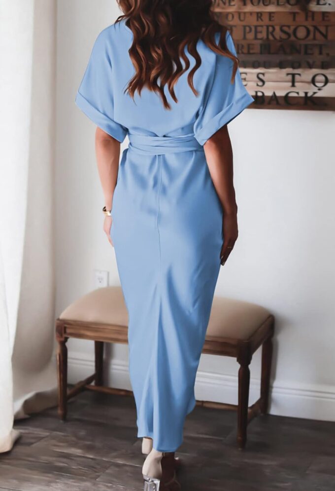 Women Elegant Satin Button Down Short Sleeve Maxi Shirt Dress with Belt – Bild 7