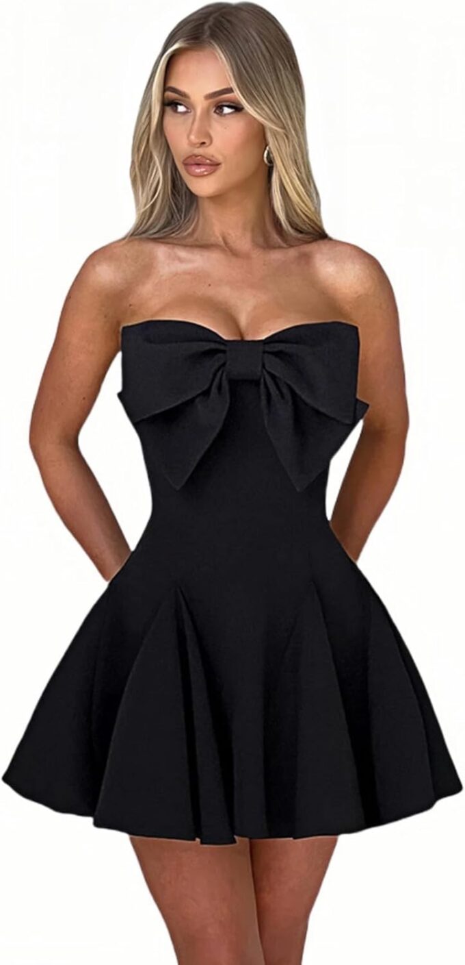 JUMISEE Women's Elegant Bow Strapless Homecoming Dress A Line Swing Tube Mini Dress Short Evening Party Prom Dress