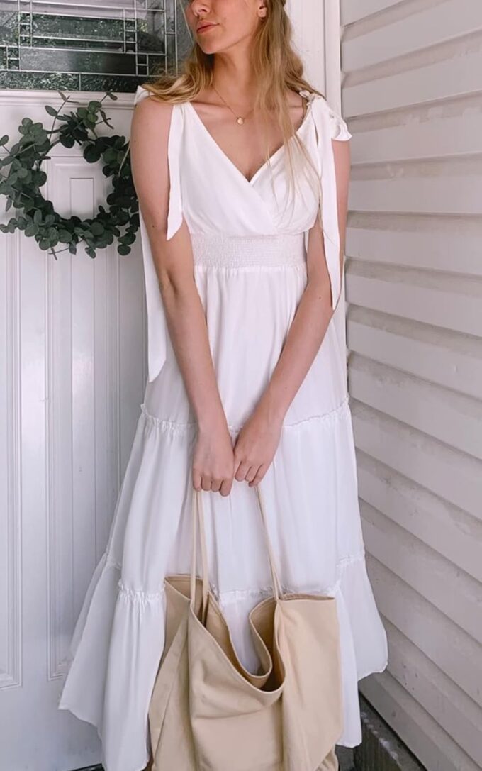 PRETTYGARDEN Women's Cross Neck Summer Sleeveless Tiered Maxi Dress Beach Tie Strap Smocked Long Dresses Pleated Sundress – Bild 5