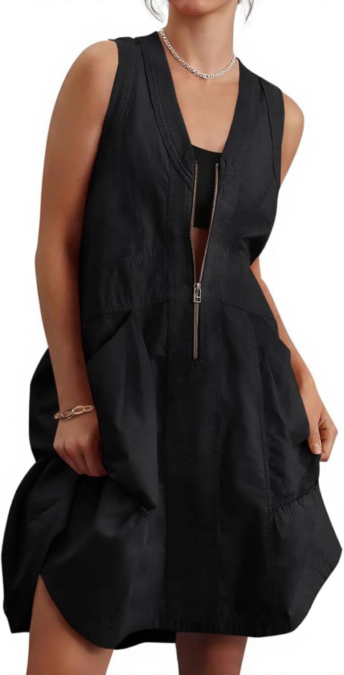 Fisoew Women's Sleeveless Tank Mini Dress Casual Half Zip V Neck Loose Mesh Back Utility Summer Dresses with Pockets