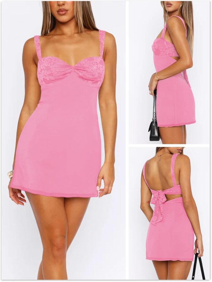 Women's Summer Mini Dresses Sleeveless Sexy Square Neck Lace Splicing Cocktail Party Straps Bodycon Dress – Bild 2