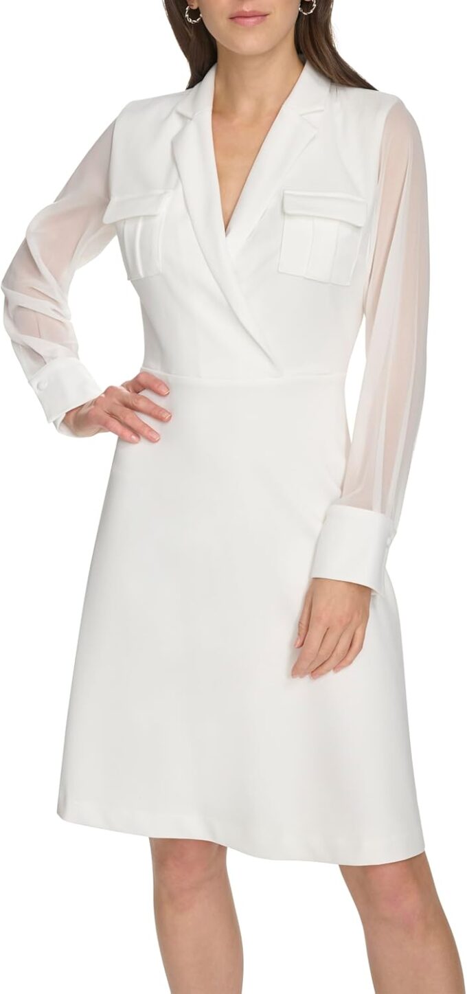 Calvin Klein Damen Scuba Crepe Long Sleeve Aline Dress Kleid, WHT/WHT, 32