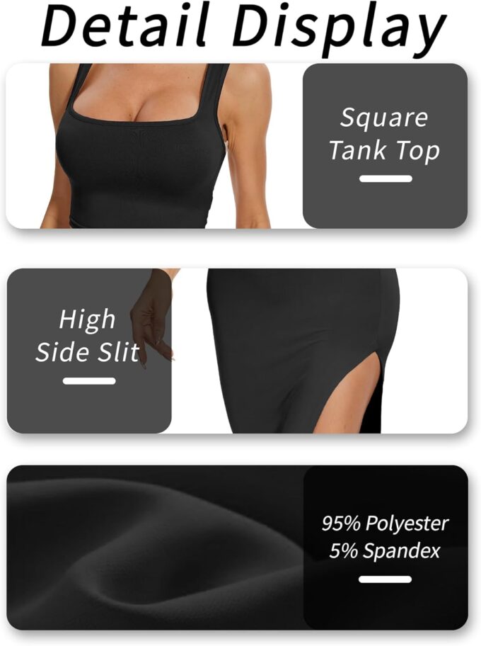ELLEVEN Two Piece Maxi Skirt Sets for Women, Square Neck Tank Tops with High Side Slit Dress Sets Summer Outfits – Bild 5