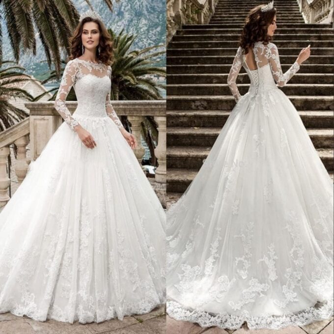 CongMing-huajia Hochzeit Damen Hochzeitskleid Hochzeiten Kleider Lang Abendkleid Hochzeitskleid Spitze Maxikleid Stickerei Langarm Weiß – Bild 3