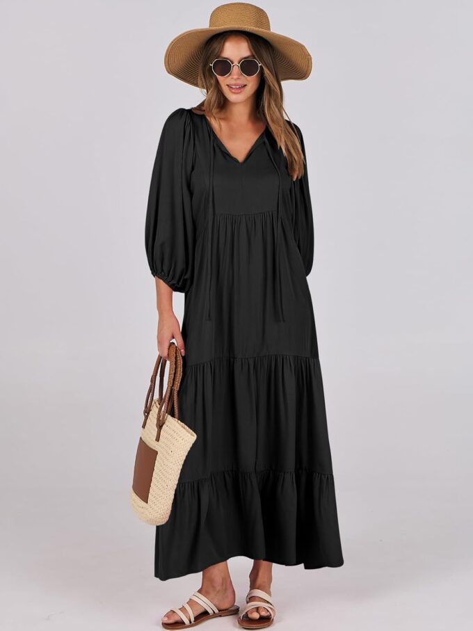 ANRABESS Womens Boho Maxi Dresses 2025 Summer V Neck Puff Sleeve Floral Flowy Swing Casual Long Dress – Bild 8