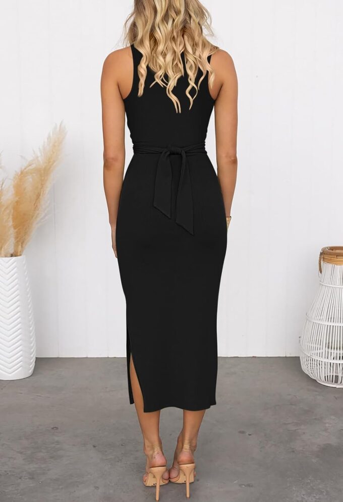 HUUSA Women's Sexy Sleeveless Cut Out Slim Bodycon Dress Crewneck Crisscross Twist Ruched Slit Ribbed Knit Tank Midi Dress – Bild 4