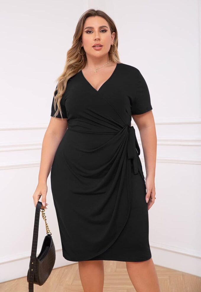 Nemidor Plus Size Dresses for Curvy Women Summer Casual Wrap Bodycon Midi Short Sleeve Pleated Dress 14-26 – Bild 2