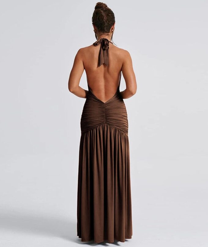 Ekaliy Women's Sexy Halter Deep V Neck Maxi Dress Sleeveless Backless High Slit Ruched Long Dress Summer Party Cocktail Dress – Bild 2