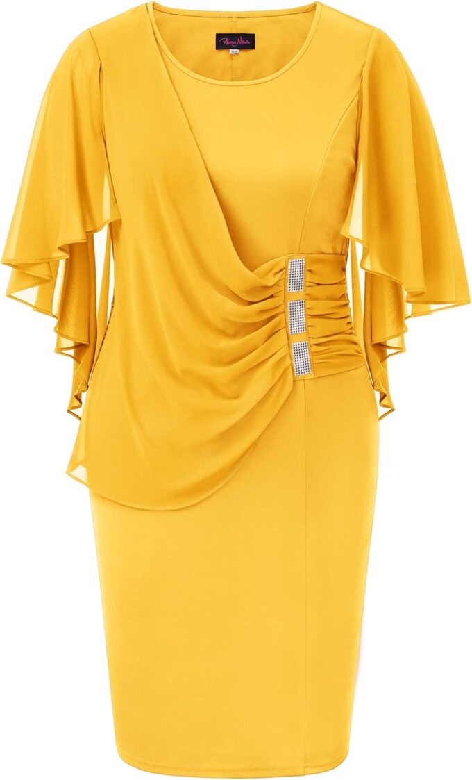Hanna Nikole Women's Plus Size Chiffon Ruffle Flattering Cape Sleeve Bodycon Pencil Dress