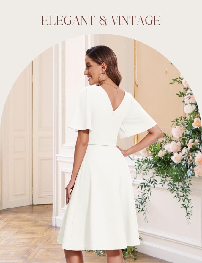 Bbonlinedress Cocktailkleid Damen Kurzarm midilang festlichs Kleid mit Gürtel Abendkleider elegant für Hochzeit Partykleider – Bild 4