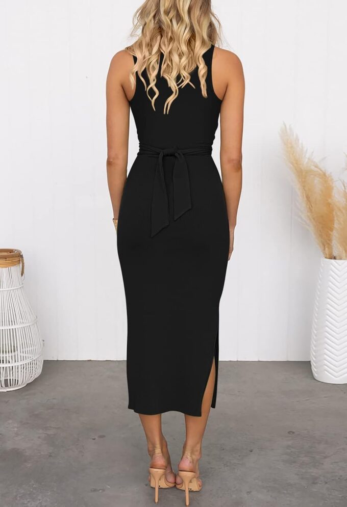 HUUSA Women's Sexy Sleeveless Cut Out Slim Bodycon Dress Crewneck Crisscross Twist Ruched Slit Ribbed Knit Tank Midi Dress – Bild 8