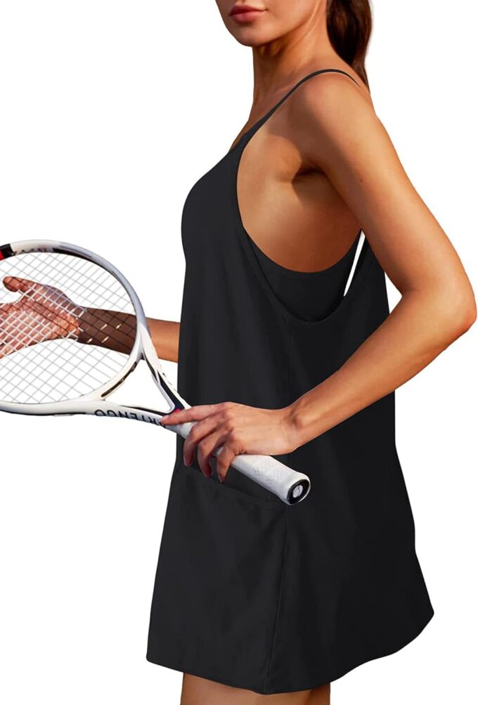 Yidarer Womens Summer Athletic Mini Dress Sleeveless Spaghetti Strap Built-in Shorts V Neck Sundress with Pockets – Bild 6