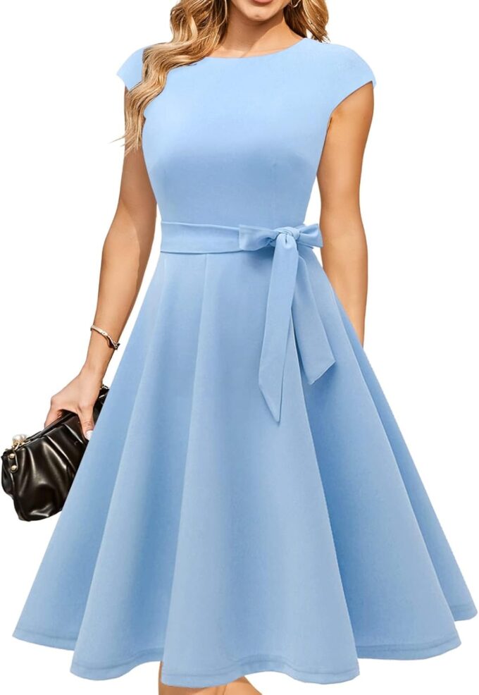 DRESSTELLS Cocktailkleid Damen Elegant 1950er Knielang Rockabilly Hochzeitkleid Vintage A-Line Swing Festlich Midilang Sommer Kleid