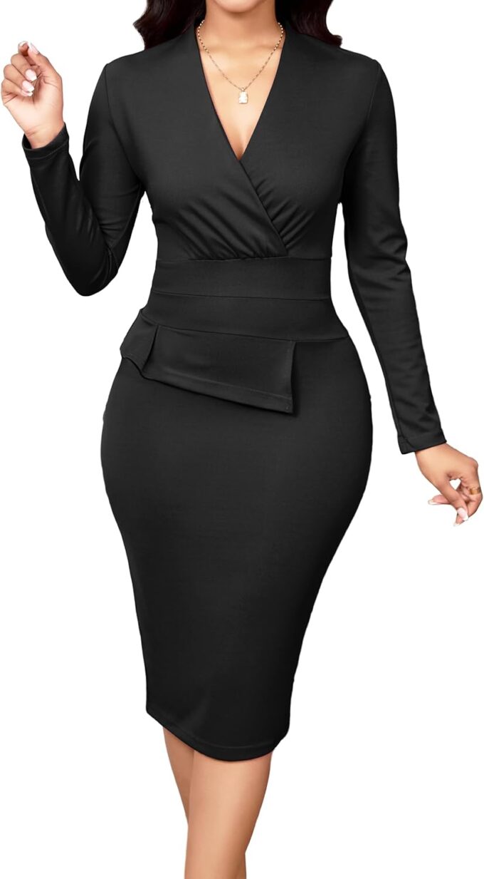Oxgmoky Damen Kleid Kirche Kleider Arbeit Business Bodycon Split Sleeve Rundhals Floral Pencil Kleider – Bild 3