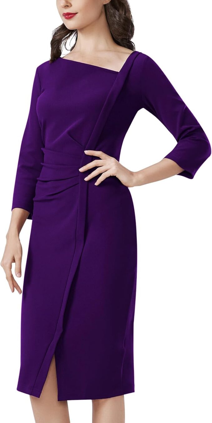 AISIZE Damen Retro Classy V-Ausschnitt Stretch Business Wrap Bodycon Kleid – Bild 5