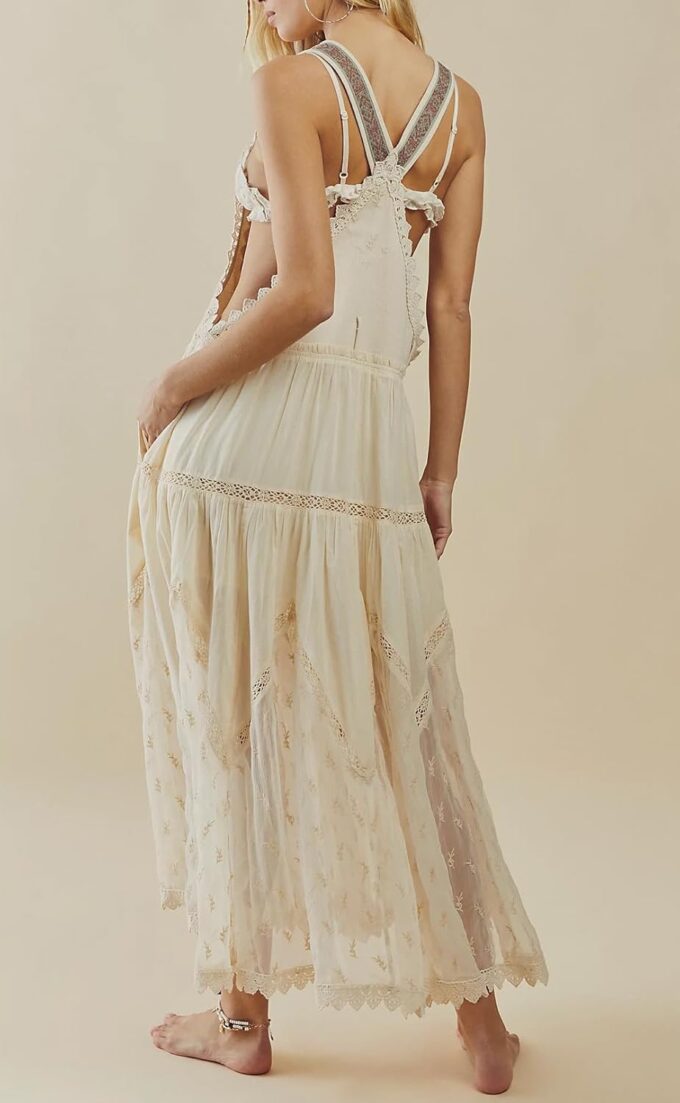 Women's Casual Lace Embroidered Maxi Dress Adjustable Strap Pleated Tiered Swing Long Dress with Pockets – Bild 3