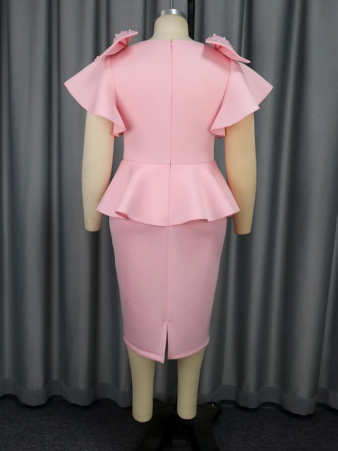 ONTINVA Damen-Bleistiftkleid, Übergröße, Schleife, Perlen, Rüschen, ausgestellte Ärmel, Hochzeitsgästekleid, Party, Arbeitskleider – Bild 5