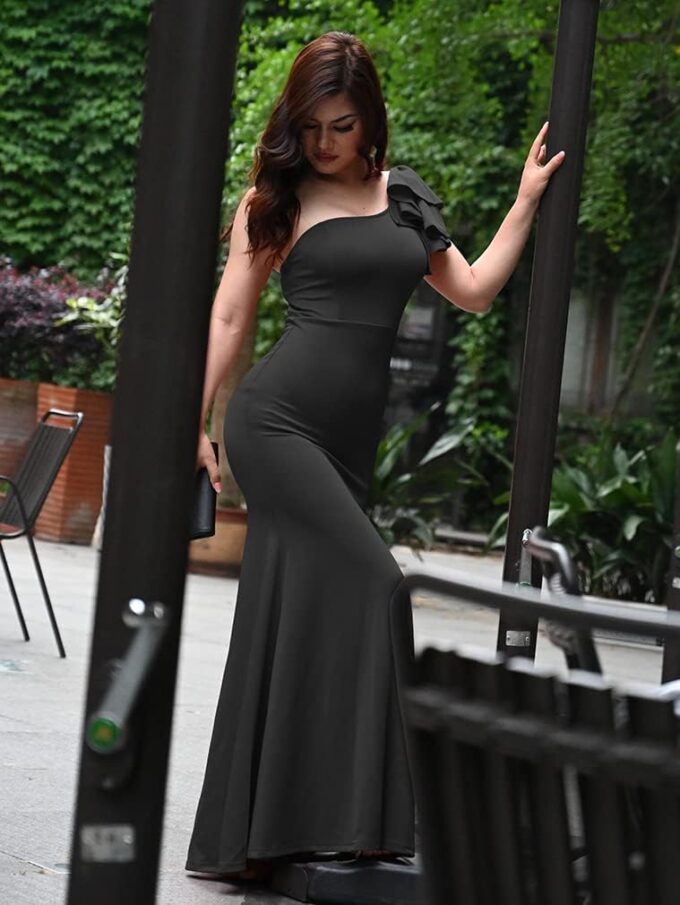 YMDUCH Women's Sexy Sleeveless One Shoulder Ruffle High Split Party Evening Long Formal Dress – Bild 3