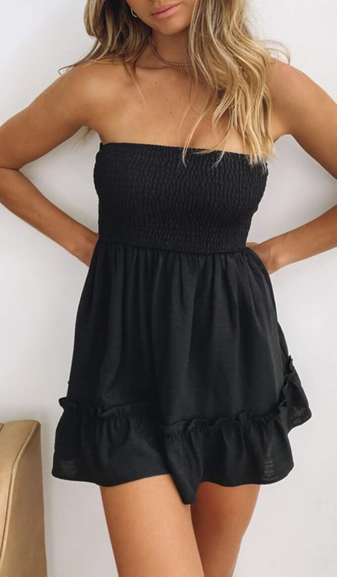 Tube Top Dress for Women Summer Solid Strapless Mini Dresses, Off The Shoudle Ruffle Beach Dress – Bild 2